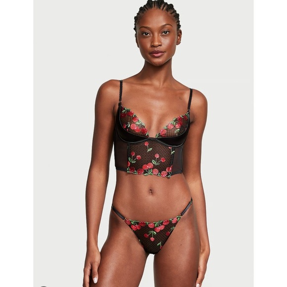 New Victoria’s Secret Cherry Black Long Line Bustier Bra 36DD NWT Whimsigoth Top - Picture 3 of 9